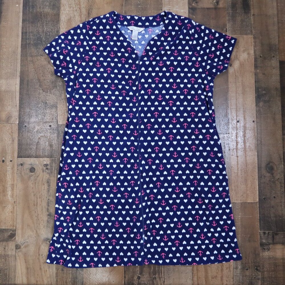 Rene Rofe Sleepwear Womans Large Fleece Full Zip Robe Blue Hearts & Anchors